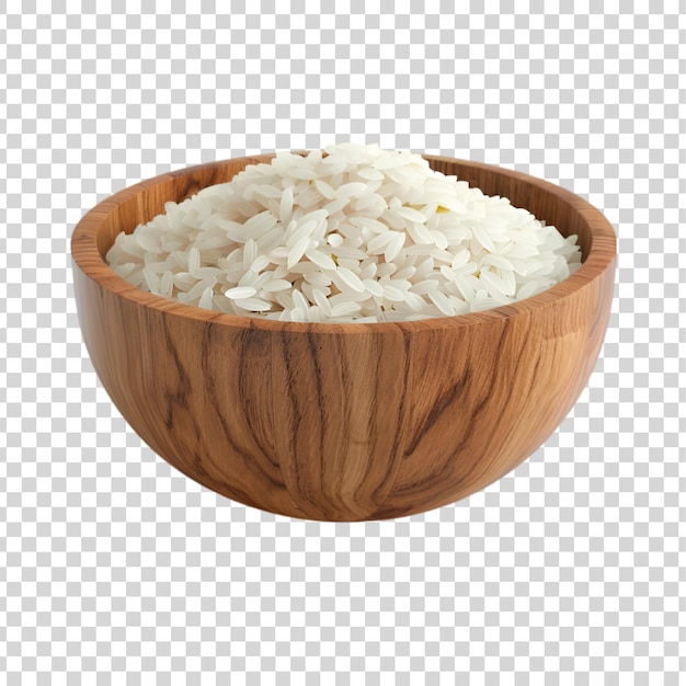 PSD dry raw rice in a wooden bowl isolated on a transparent background