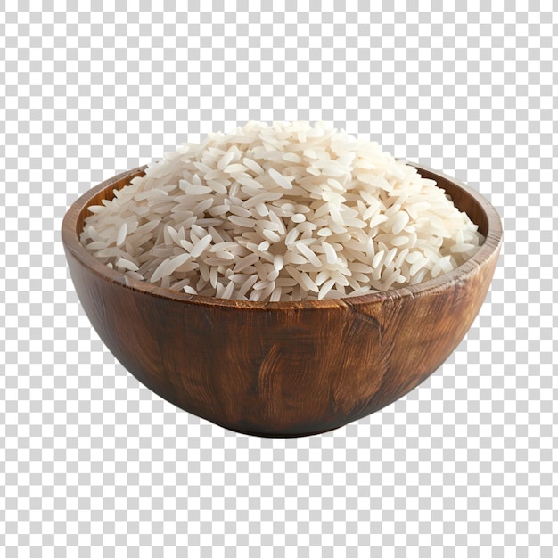 PSD dry rice in a wooden bowl isolated on a transparent background