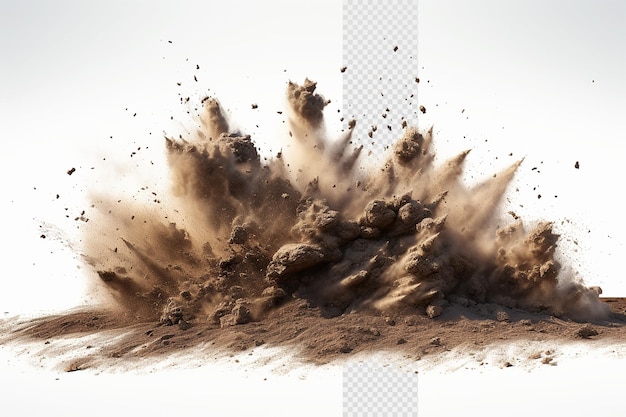 PSD dry soil sand explosion golden colored sand splash in transparent background