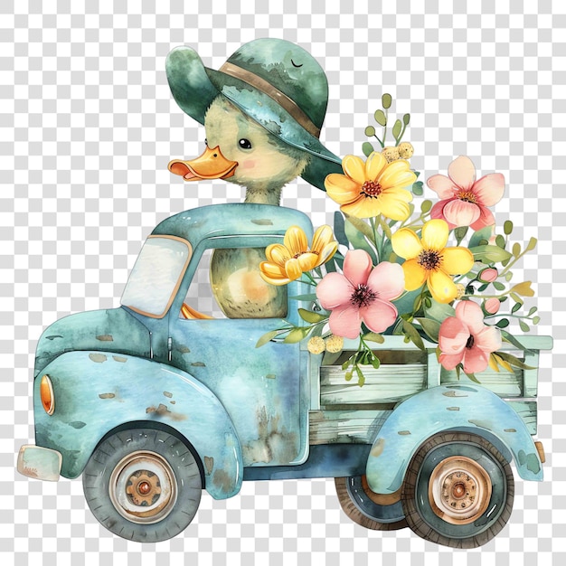 PSD duck driving a truck with flowers nuresery watercolor