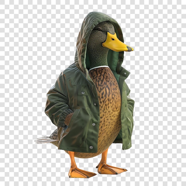 PSD duck in a green rain jacket realitic isolated on transparent background