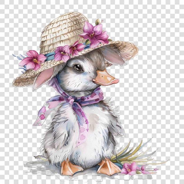 duck rabbit in a summer outfit with a floral fuchsia panama hat nuresery watercolor