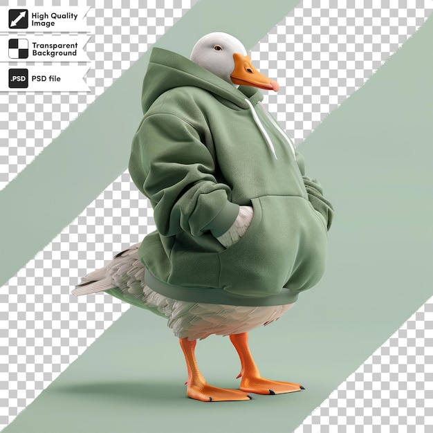 a duck wearing a jacket that says duck on it