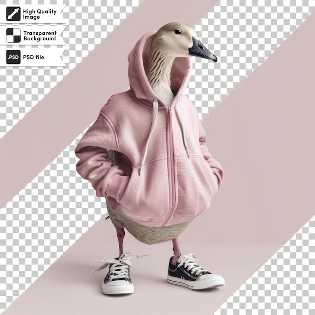 a duck wearing a pink jacket with a hood that says duck on it