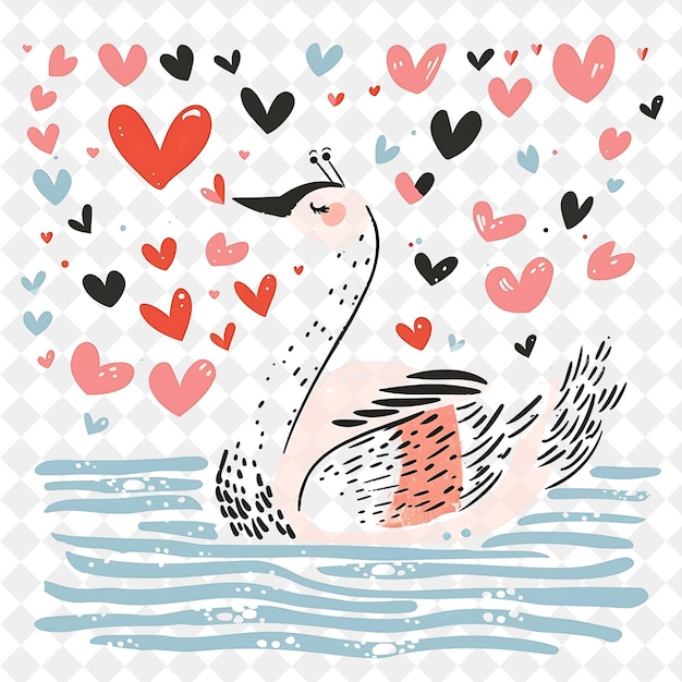 PSD a duck with a pink beak sits in the middle of many hearts