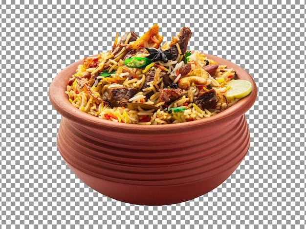 Dum handi biryani with meat and vegetables on transparent background