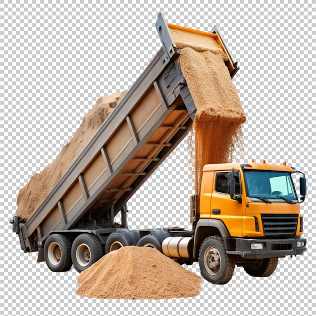 PSD a dump truck with a raised body dumping sand on transparent background