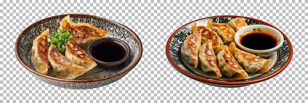 PSD dumplings gyoza with soy sauce on traditional plate isolated on transparent background cut out png