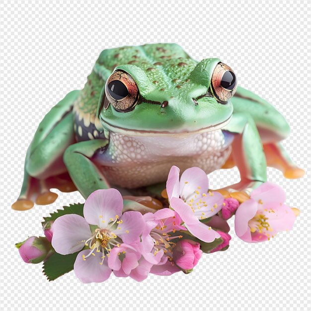 PSD dumpy frog on flower tree on isolated transparent background