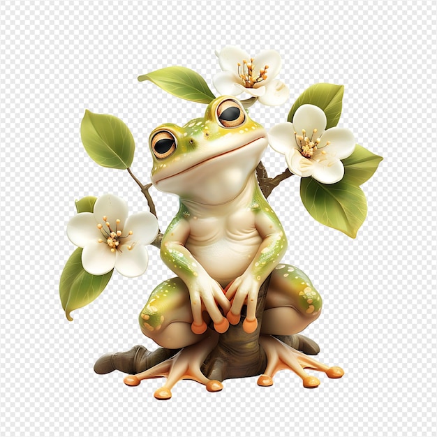 PSD dumpy frog on flower tree on isolated transparent background