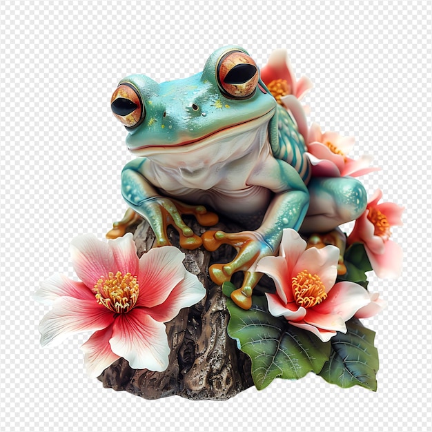 dumpy frog on flower tree on isolated transparent background