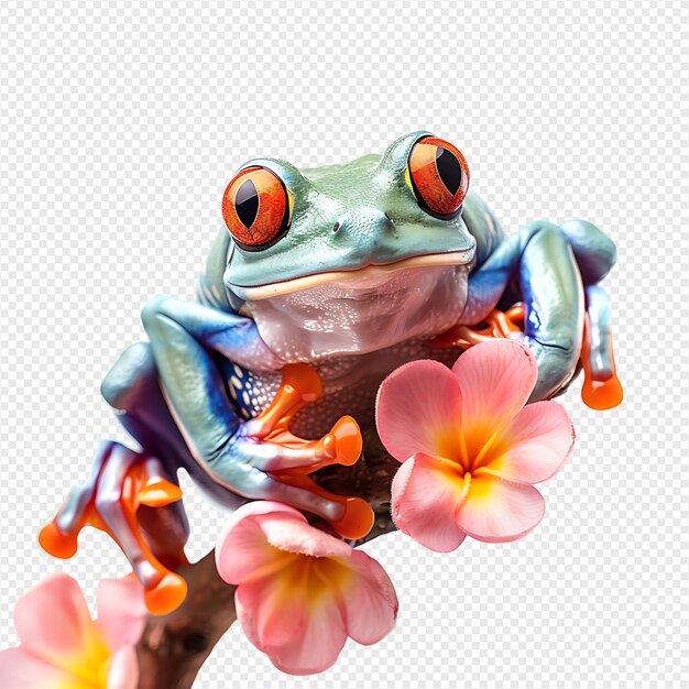 PSD dumpy frog on flower tree on isolated transparent background