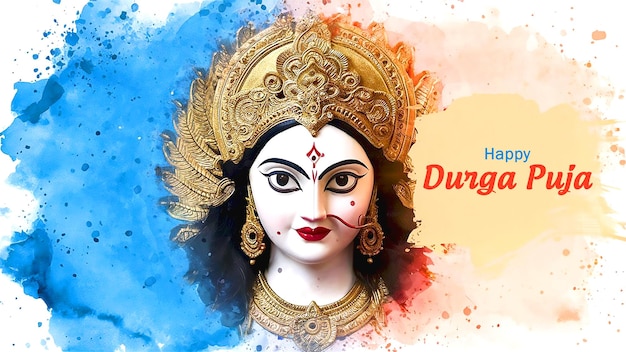 Durga puja poster of a goddess on her face on a watercolor background