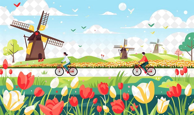 PSD dutch tulip festival with characters cycling through tulip f png festival 2d flat art illustrations