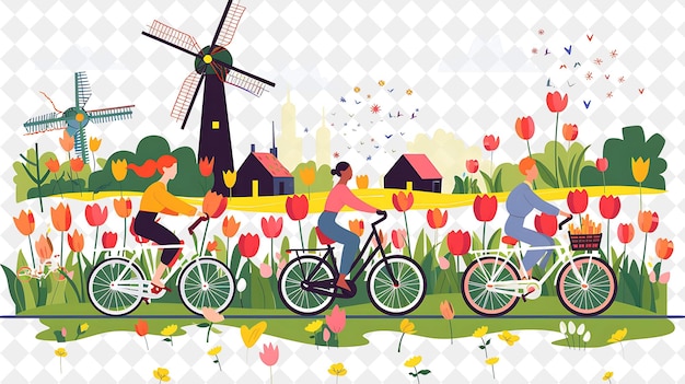 Dutch Tulip Festival With Characters Cycling Through Tulip F PNG Festival 2D Flat Art Illustrations