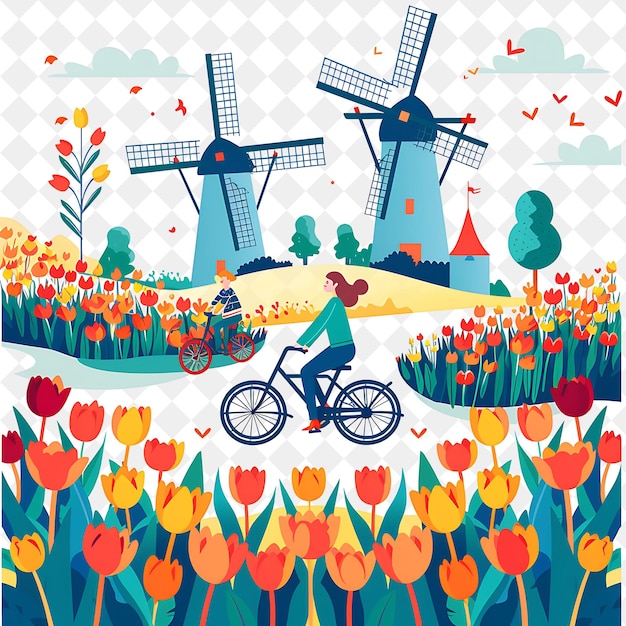 Dutch Tulip Festival With Characters Cycling Through Tulip F PNG Festival 2D Flat Art Illustrations