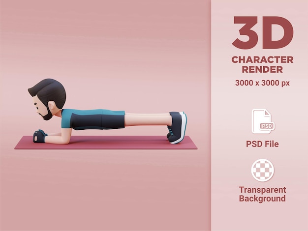 PSD dynamic 3d sporty male character mastering the plank exercise at home gym