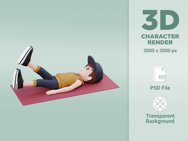 Dynamic 3D Sporty Male Character Rocking the Abs Scissor Kick Crunch Workout at the Gym