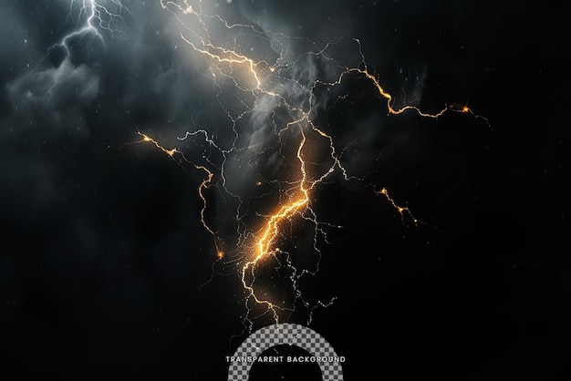 A dynamic lightning strike with glowing particles on transparent background