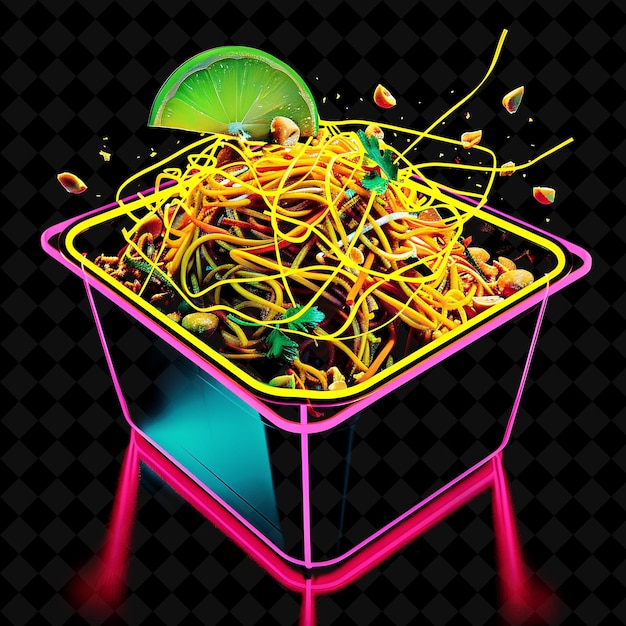 PSD dynamic neon stripes pad thai noodles in a compact eco frien png neon food decor y2k collection