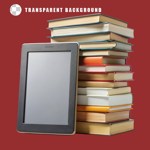 PSD e book in front of book pile on transparent background