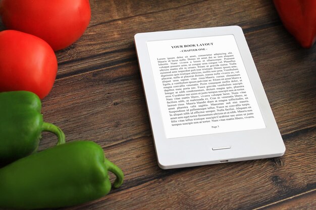 E-Book Reader Mock-Up, Kitchen, cooking products, red and green pappers, tomatoes