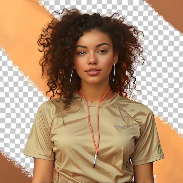 PSD a eager young adult woman with kinky hair from the hispanic ethnicity dressed in jogging in the park attire poses in a eyes downcast with a smile style against a pastel beige background