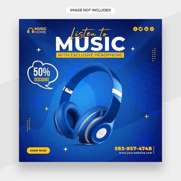 Earphone related social media post banner or square flyer template or facebook cover template