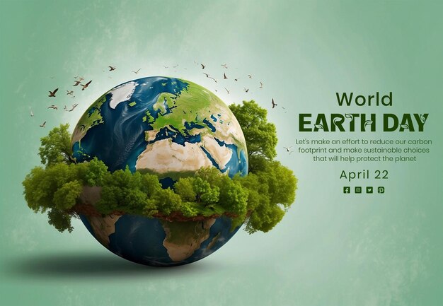 PSD earth day concept earth model with growing trees manipulation on light green background