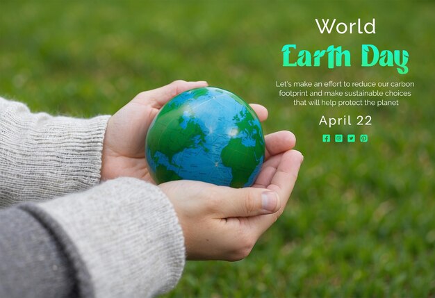 PSD earth day concept hands holding an earth model on green texture background