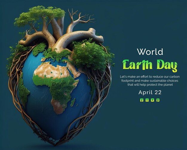 PSD earth day concept heart shape surroundings by tree branch with roots on blue texture background