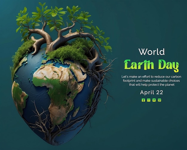 PSD earth day concept heart shape surroundings by tree branch with roots on blue texture background