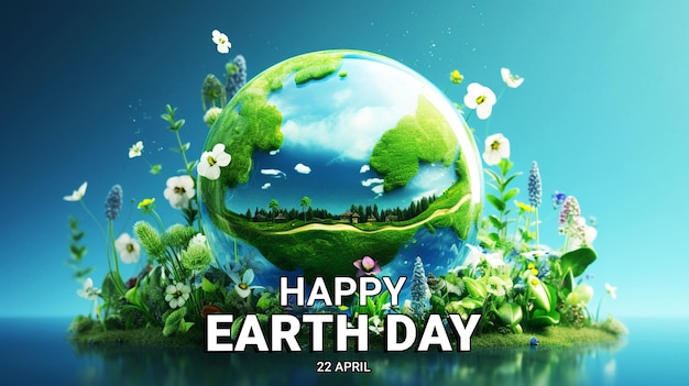 Earth Day concept illustration Earth globe with clean water and beautiful nature blooming plant