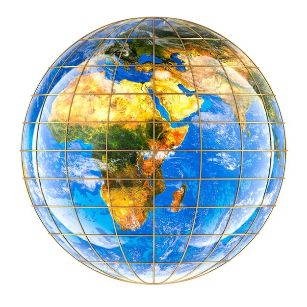 Earth Globe view of Africa with meridians and parallels 3d rendering isolated on transparent background