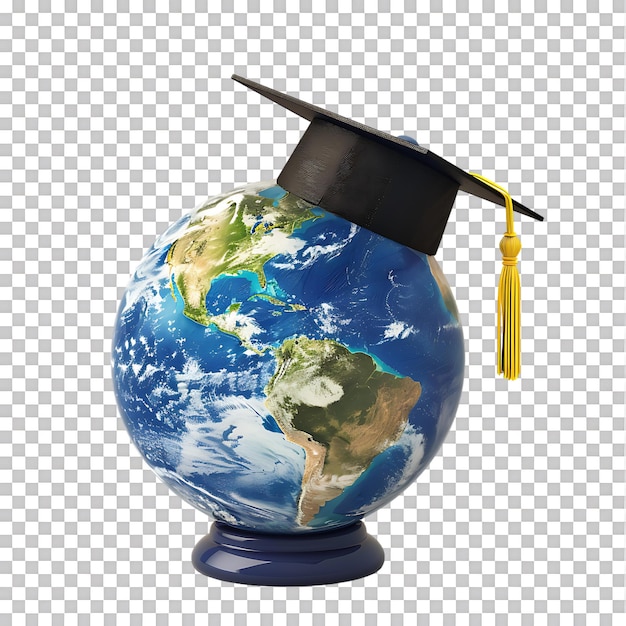 PSD earth globe with a graduation cap isolated against a transparent background