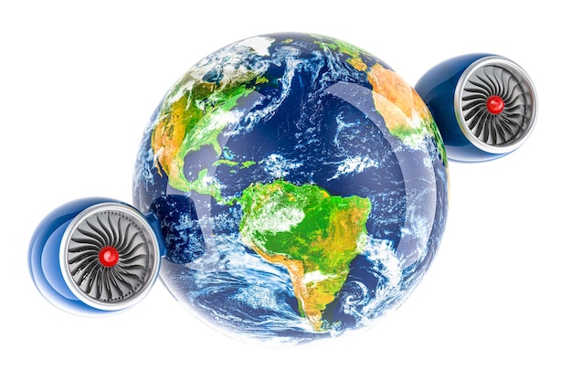 Earth Globe with jet engines Travel concept 3D rendering isolated on transparent background