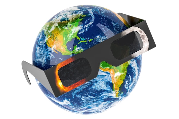 Earth Globe with solar eclipse glasses 3D rendering isolated on transparent background