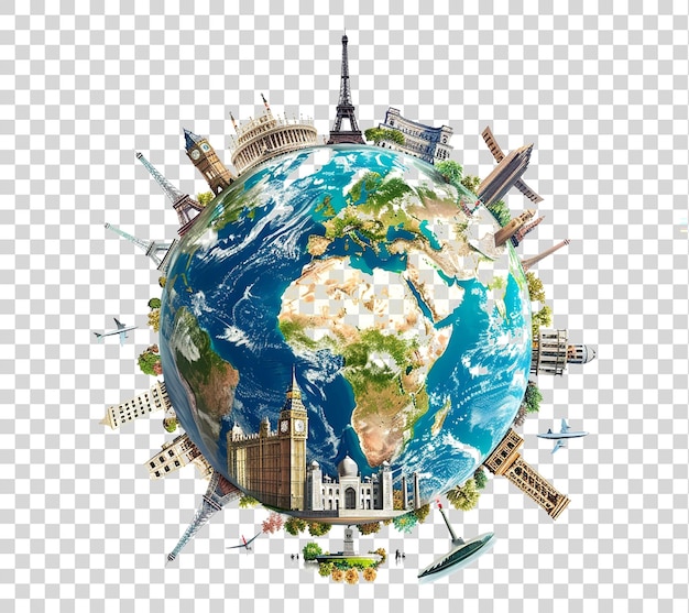 PSD earth with famous landmarks around it on transparent background