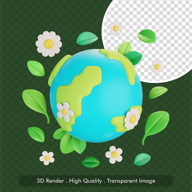 Earth with Green Leaves and White Flowers Cute 3d Stylized Illustration