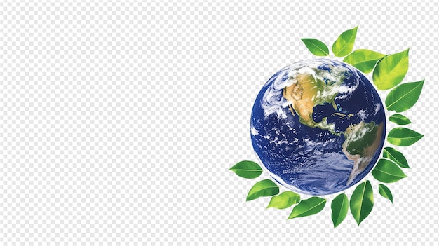 PSD earth with leaves and a planet on a white background