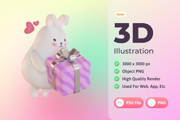 Easter 3d illustration, Rabbit hugging gift box