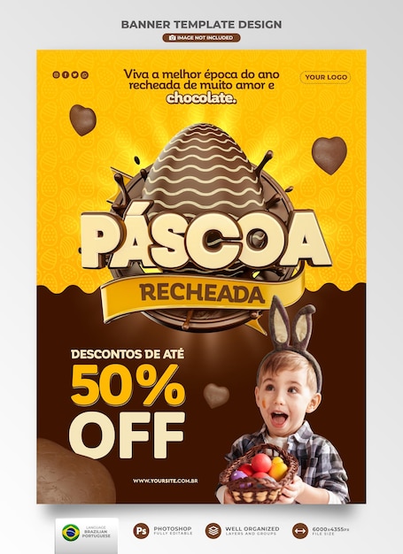 Easter banner stuffed in portuguese 3d render for offer campaign in brazil