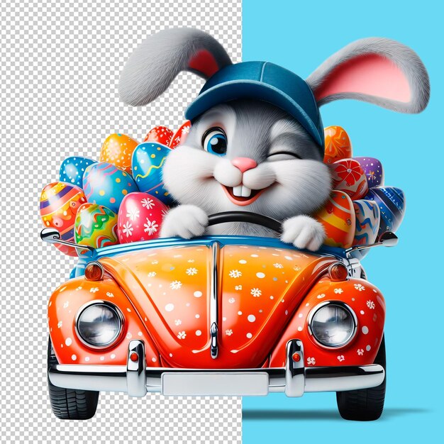 PSD easter bunny in a cap drives a cabrio with easter eggs