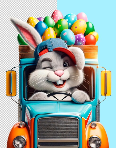 PSD easter bunny in a cap drives a pickup truck with easter eggs