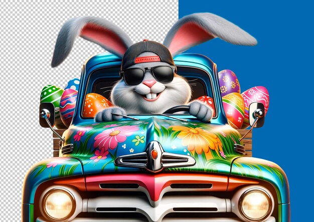 PSD easter bunny in a cap drives a pickup truck with easter eggs