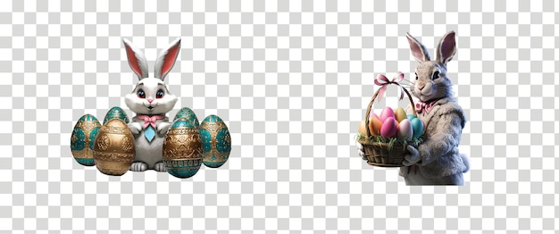 PSD easter bunny eggs with basket transparent background