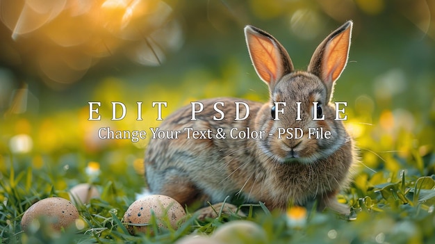 PSD easter bunny in green meadow with speckled eggs