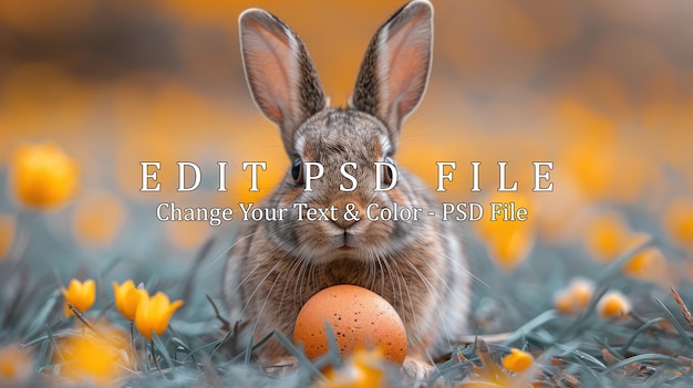 PSD easter bunny holding an egg in a field of yellow flowers