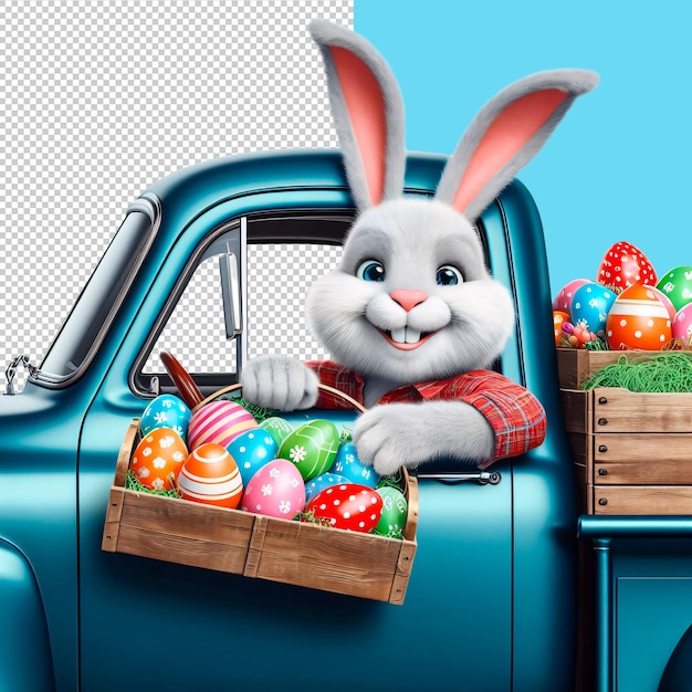 PSD easter bunny with a basket of easter eggs drives a truck with easter eggs