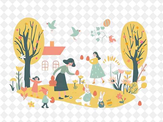 Easter Celebration With Characters Having an Egg Hunt in a G PNG Festival 2D Flat Art Illustrations